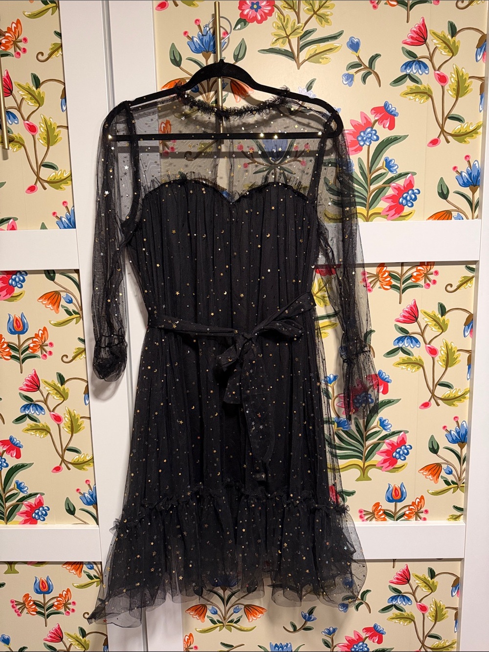 SHEIN Black Sheer Star-Embellished Long Sleeve Midi Dress